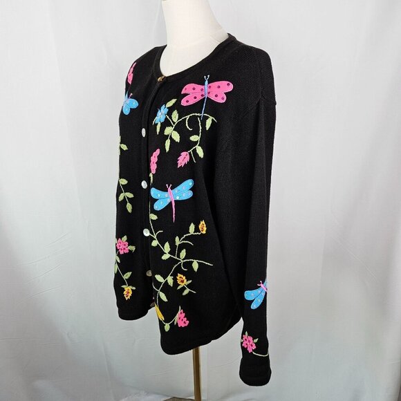 Morgan Cole Black Cardigan XL Vintage Embroidered Dragonflies Flowers - Picture 4 of 10